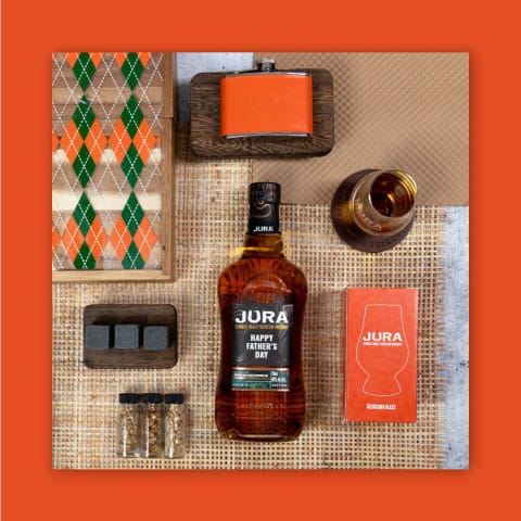 Personalized Father’s Day Jura Scotch Gift Set in Argyle Box with Flask & Glencairn Glass