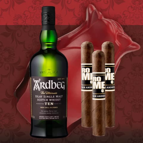 Ardbeg 10 Year Scotch Whisky with Bro-Rose & Cigars Gift Set