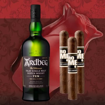 Ardbeg 10 Year Scotch Whisky with Bro-Rose & Cigars Gift Set