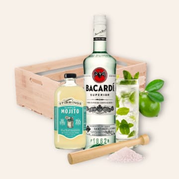 Mojito cocktail kit gift with Bacardi Light Rum, Stirrings Mojito Mix, 2 Tiki glasses, and wood crate