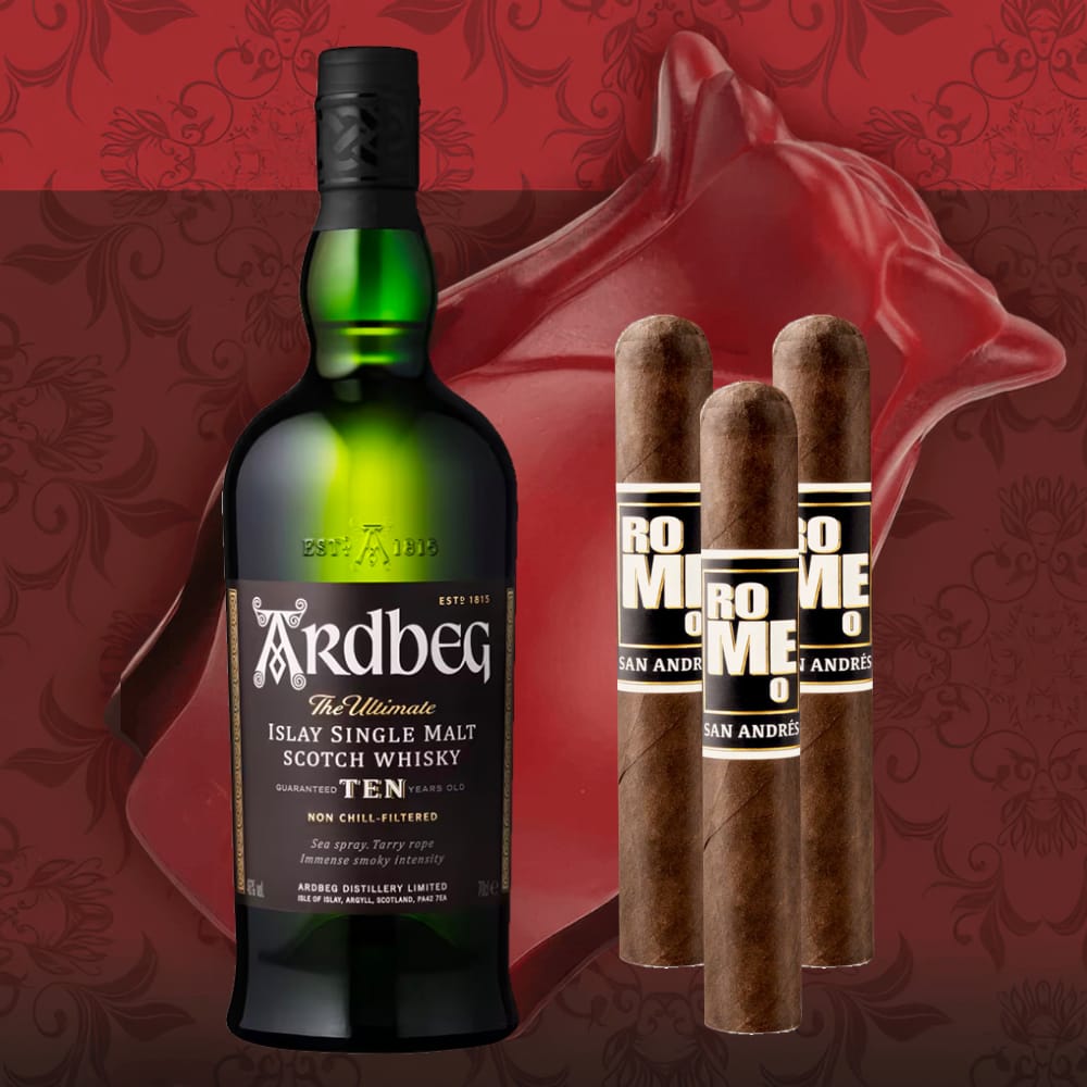 Ardbeg 10 Year Scotch Whisky with Bro-Rose & Cigars Gift Set