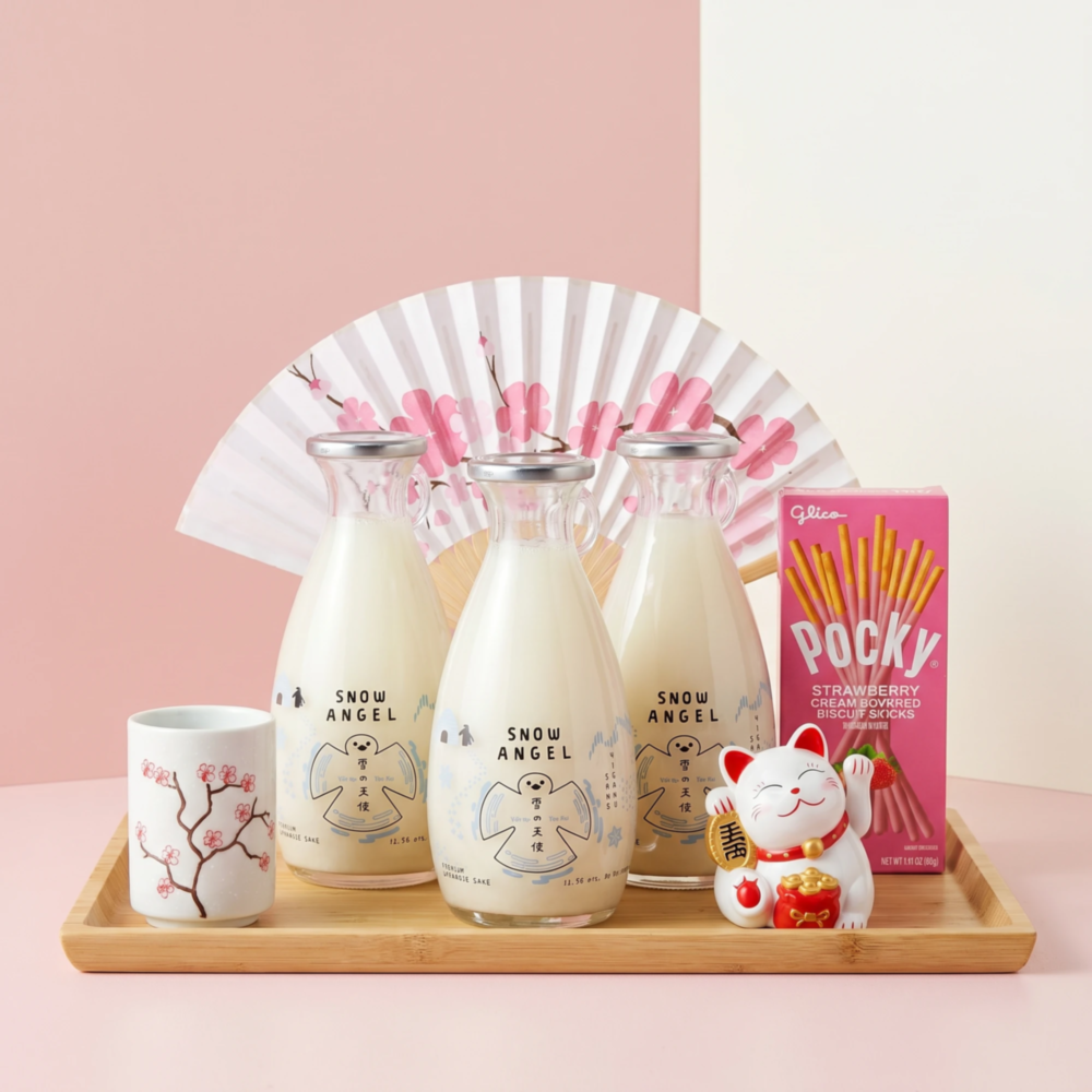Snow Angel Nigori Sake Gift Set with Cherry Blossom Fan & Cup