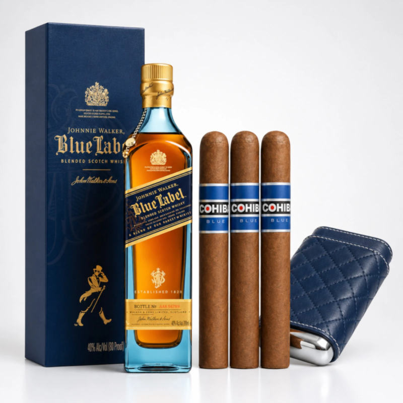 Blue Chip Johnnie Walker Blue Label & Cohiba Cigar Gift Set in Leather Case