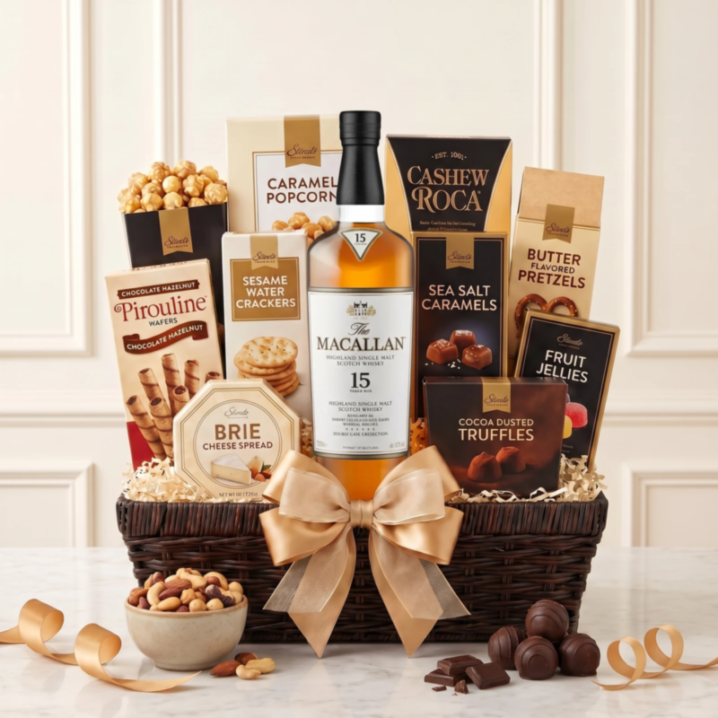 Macallan 15 Double Cask Scotch Gift Basket with Snacks