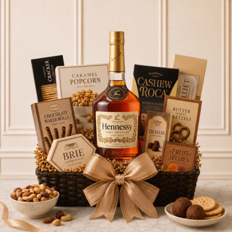 Hennessy VS French Cognac Gift Basket with Brie & Snacks
