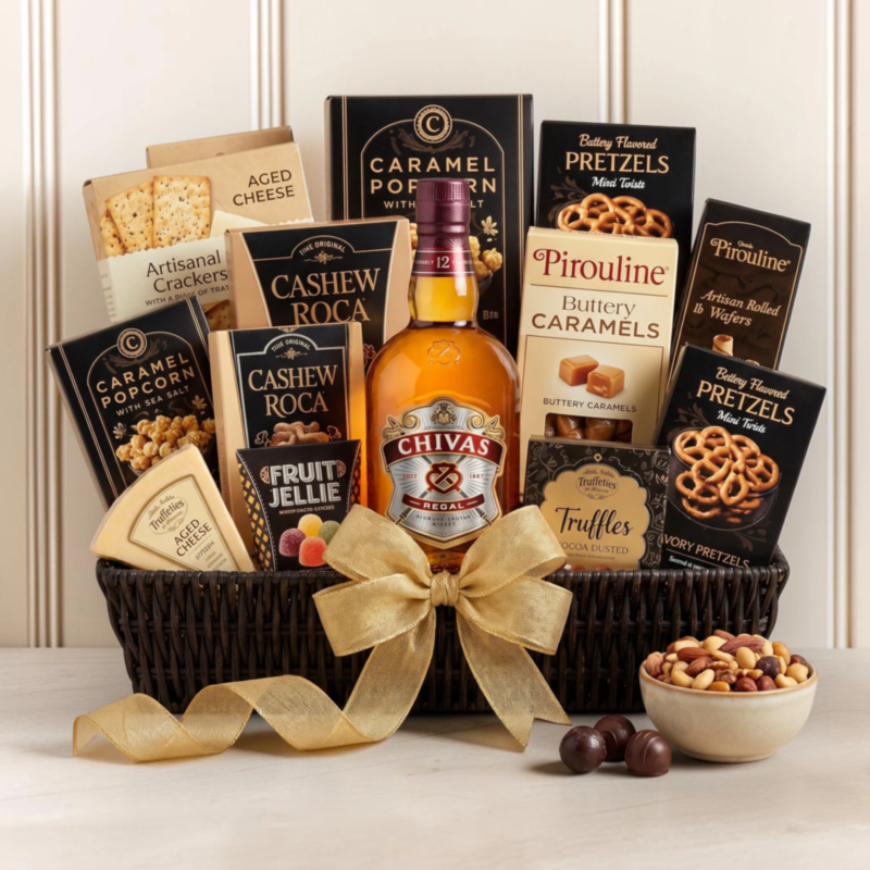 Chivas Regal 12 Scotch Gift Basket with Brie & Snacks