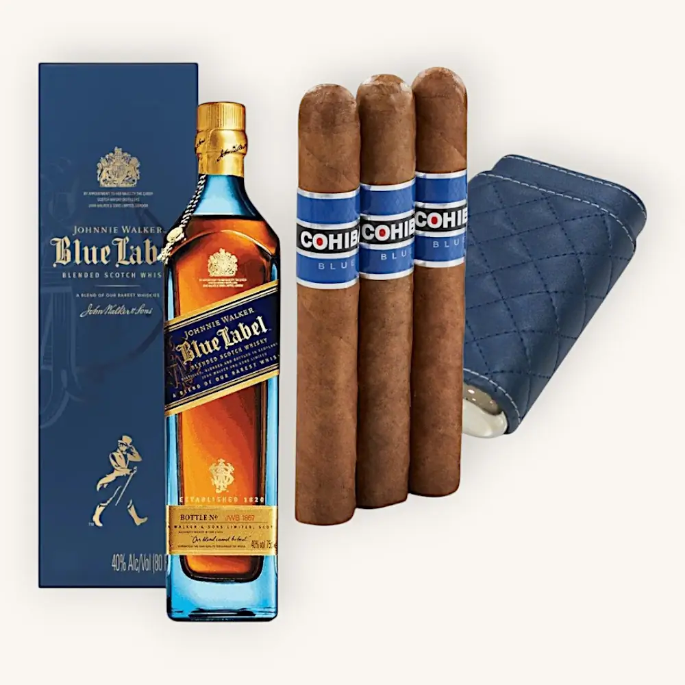 Blue Chip Johnnie Walker Blue Label & Cohiba Cigar Gift Set in Leather Case