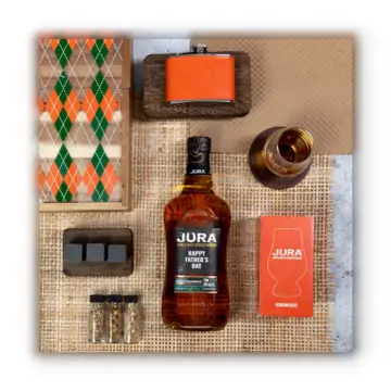 Personalized Father’s Day Jura Scotch Gift Set in Argyle Box with Flask & Glencairn Glass