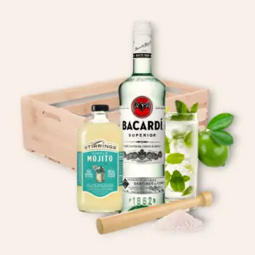 Mojito cocktail kit gift with Bacardi Light Rum, Stirrings Mojito Mix, 2 Tiki glasses, and wood crate