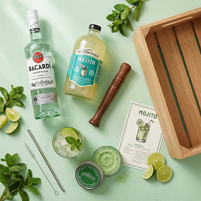Mojito cocktail kit gift with Bacardi Light Rum, Stirrings Mojito Mix, 2 Tiki glasses, and wood crate