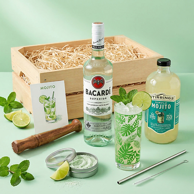 Mojito cocktail kit gift with Bacardi Light Rum, Stirrings Mojito Mix, 2 Tiki glasses, and wood crate