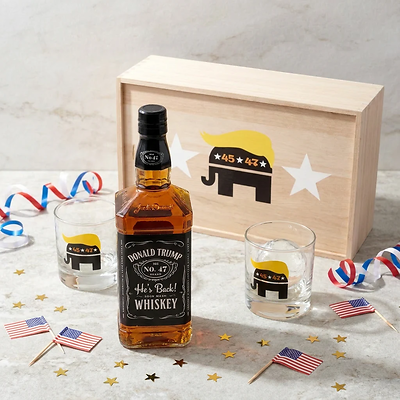Trump Republican Elephant Whiskey Gift Set with Glasses in Wooden Box Trump Republican Elephant Whiskey Gift Set with Glasses in Wooden Box