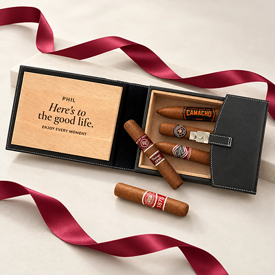 Black Leather Engraved Travel Humidor with Premium Cigars